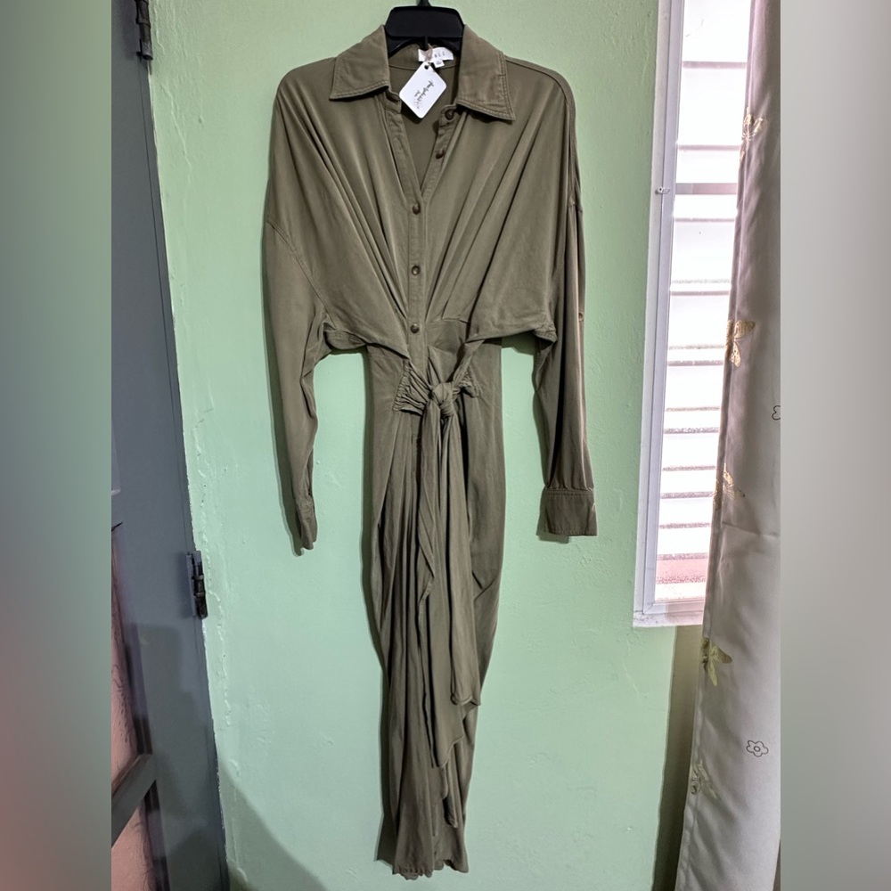 Military green Long Sleeve Buttoned Up Dress